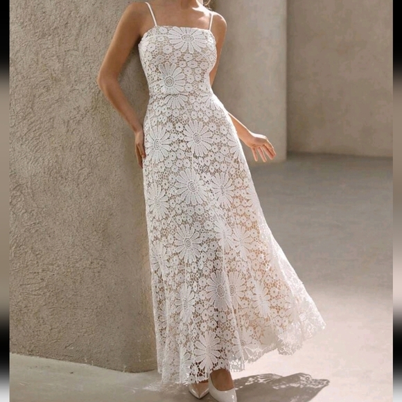 Lace Embroidered Floral Hollow Out Spaghetti Strap Waist-Cinched Fitted Dress - Picture 1 of 4